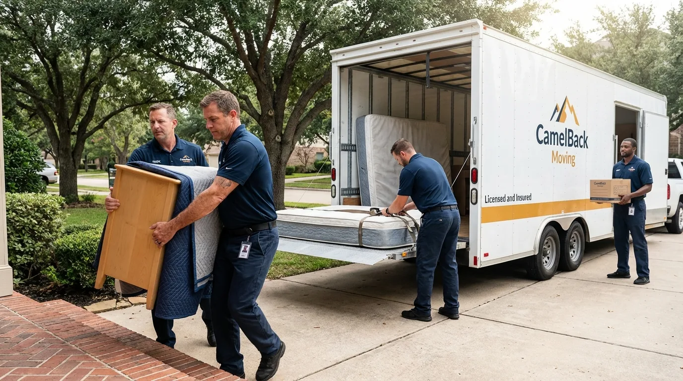 Crew loading residential truck for cross-state move from Texarkana, TX