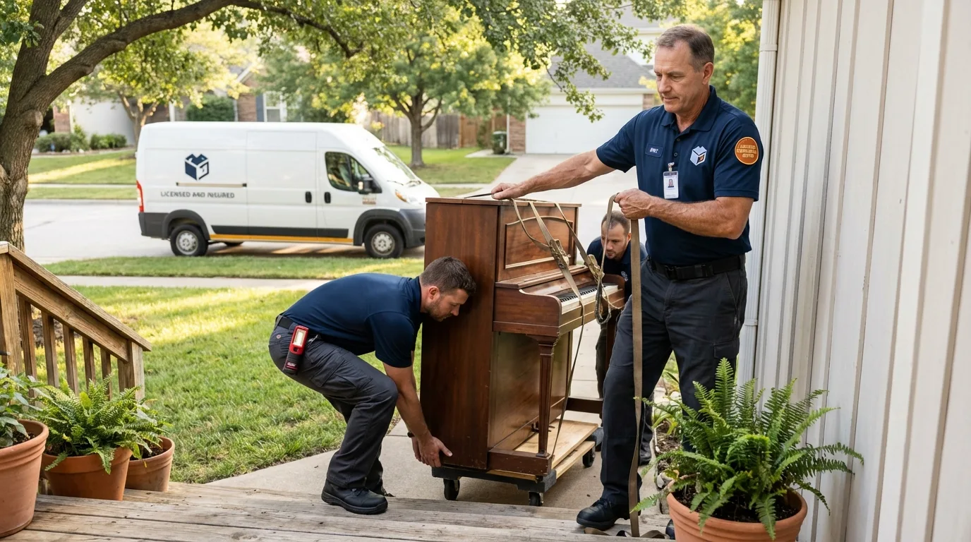 Licensed piano movers securing grand piano in Texarkana, TX