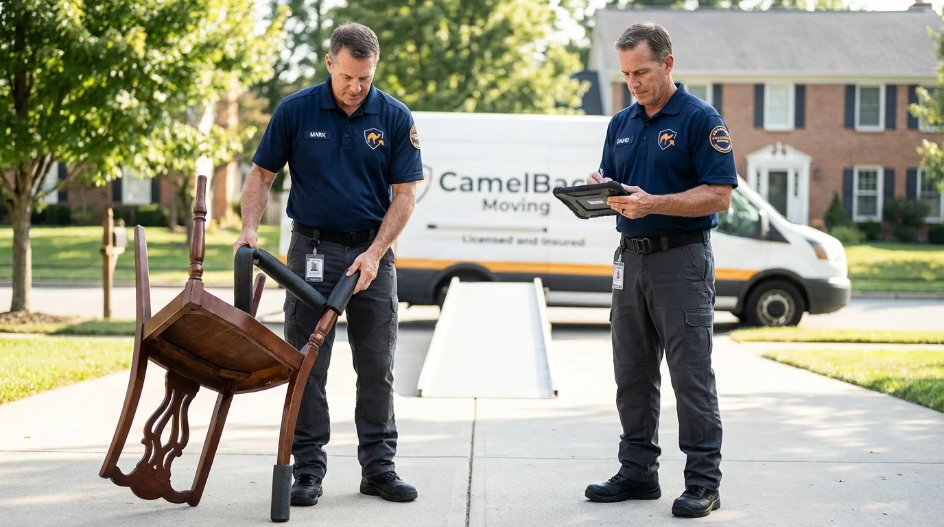 Movers inspecting furniture for damage prevention before loading in Texarkana, TX