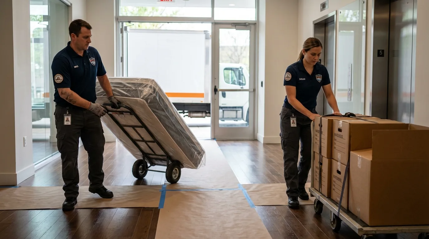 Professional apartment movers loading elevator in Texarkana, TX
